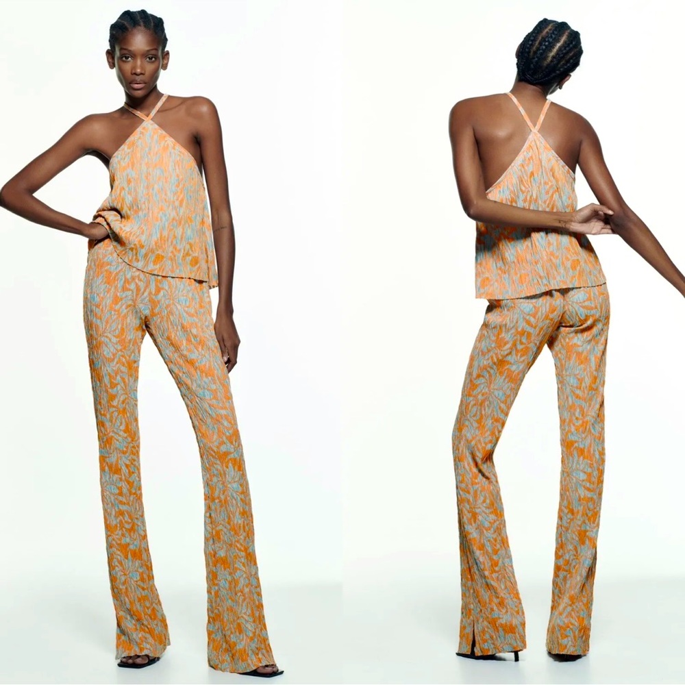 NWT Zara Jacquard Flare Leg Vented Pants | Coral + Blue| Women’s Size Medium